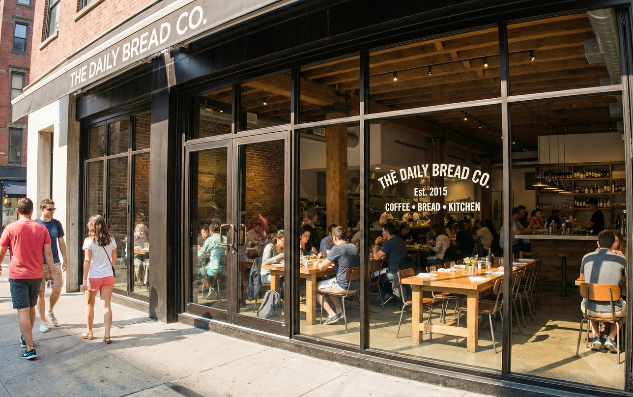 Modern coffee shop with professional window graphics displaying menu items and branding to attract customers
